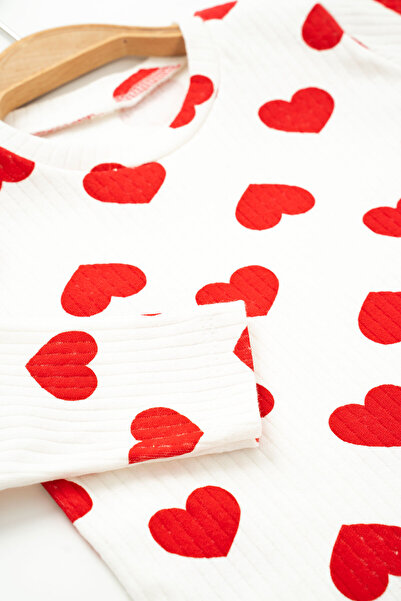 NEU KIDS Kız Çocuk Kırmızı Kalp Uzun Kollu %100 Pamuklu Pijama Takımı 1-4 Yaş