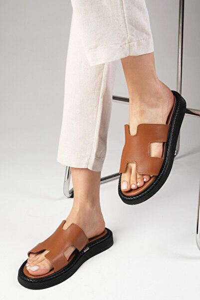 Mio Gusto Плоски дамски чехли Taba от естествена кожа с овален нос и цвят