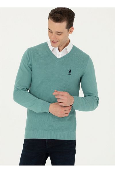 U.S. Polo Assn. U.S. Polo Assn. V-Neck Slim Fit Men's Sweater - Mint Tcduni-Bsk23