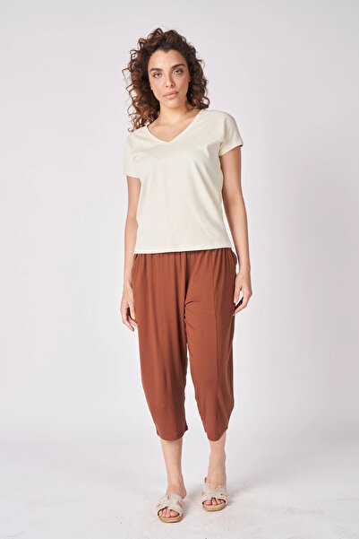 defys Γυναικείο μπλουζάκι με κοντό μανίκι με λαιμόκοψη σε σχήμα V, με υφή και κανονική εφαρμογή, βασικό μπλουζάκι εκρού