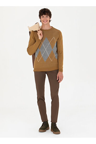 U.S. Polo Assn. Η.Π.Α. Polo Assn. - Ανδρικό ελαφρύ πουλόβερ χακί, λαιμόκοψη, κανονική εφαρμογή PAMEL