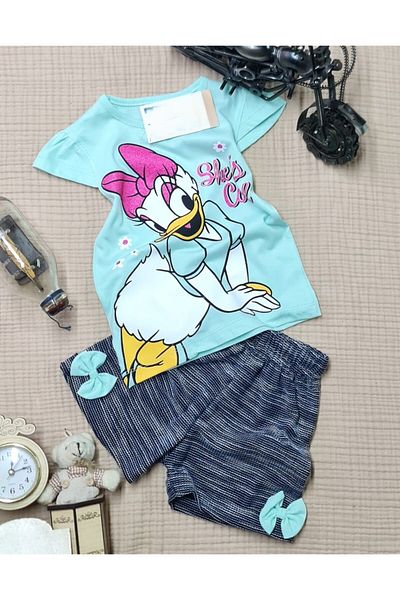 BUUFUU Daisy Duck Printed Glitter Short Sleeve Bow Shorts Girls' Set