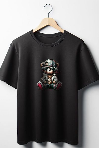 Vordevia Teddy Hip Hop εμπριμέ μεγάλου μεγέθους, φαρδιά εφαρμογή, Unisex, μαύρο μπλουζάκι με λαιμόκοψη