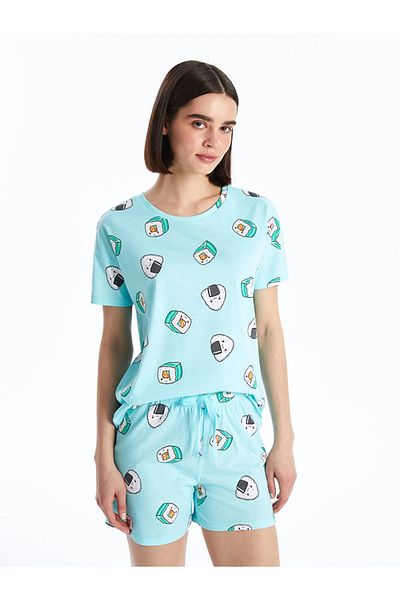 LC Waikiki LCW Young Crew Neck Printed Short Sleeve Women's Shorts Pajamas Set