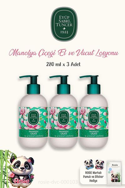 Eyüp Sabri Tuncer Magnolia Flower Pattern Lotion Set of 3 - 280 ml and Cotton Rosie