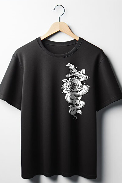 Vordevia Μαύρο μπλουζάκι με στάμπα φιδιού Oversize Wide Fit Unisex Crew Neck