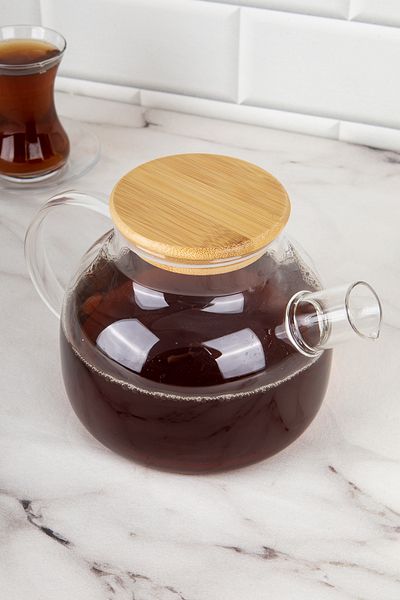 DNS HOME 1 lt Heat Resistant Glass Borosilicate Teapot - Herbal Tea Pot with Bamboo Lid and Strainer