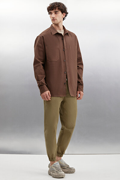 GRIMELANGE Εξωτερικό ανδρικό υφαντό πουκάμισο με χοντρή υφή Bitter Brown με πλυμένες τσέπες