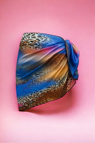 pistore New Season Blue Pink Leopard Print Satin Women's Beach Dress - Short Pareo