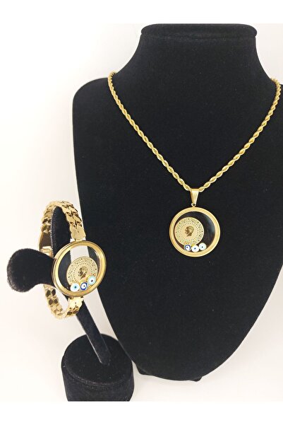 Romea Açılan Çeyrek Koyulan, Cam Çerçeveli Burgu Zincir Kolye & Fanuslu Kelepçe Seti, Takı Seti