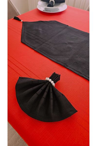 ZESA HOME Colber Line Detailed Tablecloth (Red-Black) 8 Person 18 Piece - Table 160X180...160X350