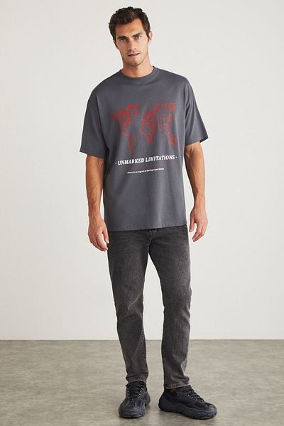 GRIMELANGE Leaf Men's Crew Neck 100% Cotton Printed Gray T-shirt