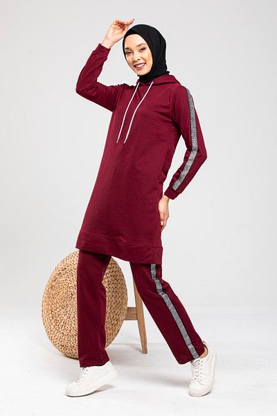 BAV Butik Ayvitrin Women's Battal Claret Red Sleeve Striped Tracksuit Set