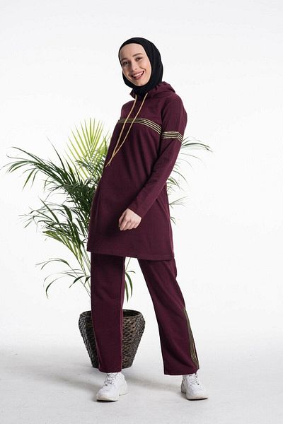 BAV Butik Ayvitrin Women's Burgundy Hooded Glitter Stripe Tracksuit Set