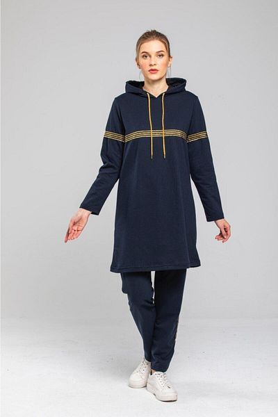 BAV Butik Ayvitrin Women's Navy Blue Glitter Striped Two Thread Hijab Top and Bottom Set