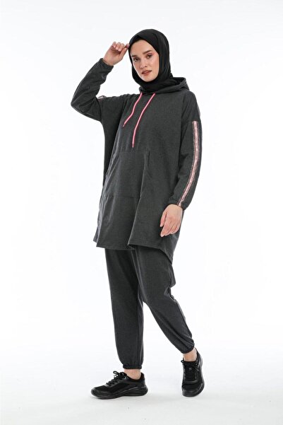 BAV Butik Ayvitrin Oversize Model Anthracite Pink Highlighter Hijab Tracksuit Set