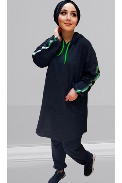 BAV Butik Ayvitrin Unisex Hijab Black Green Highlighter Tracksuit Set