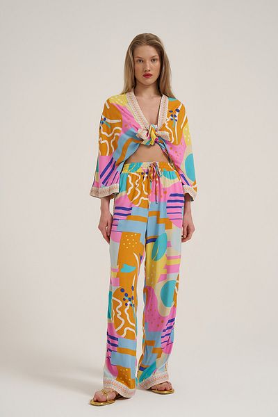 Quzu Colorful Patterned Pants with Elastic Waist Orange