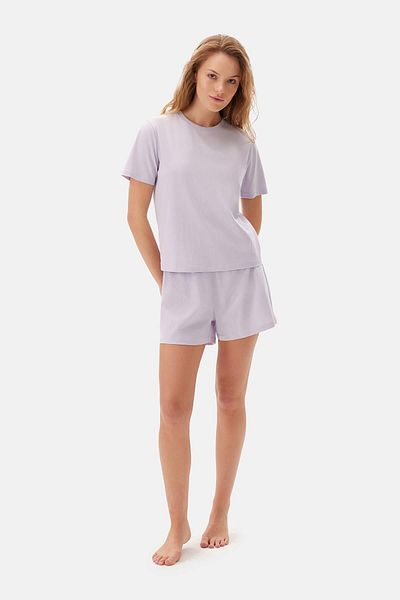Dagi Lilafarbenes Pyjama-Set aus Supima-Baumwolle mit Bis-Kragen – T-Shirt und Shorts