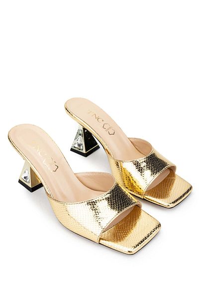 Tamer Tanca Women's Genuine Leather Gold Heeled Slippers