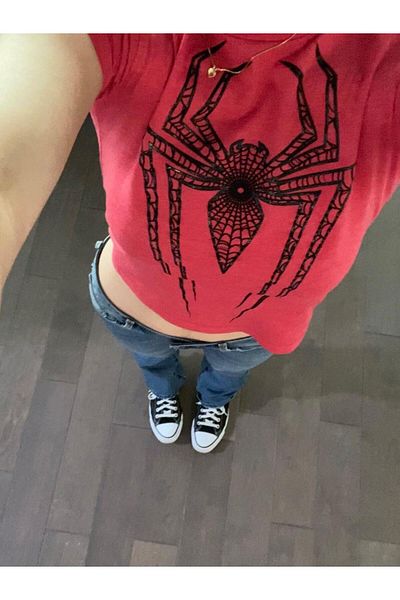 Toum New Collection Spider Printed Red Crop Blouse