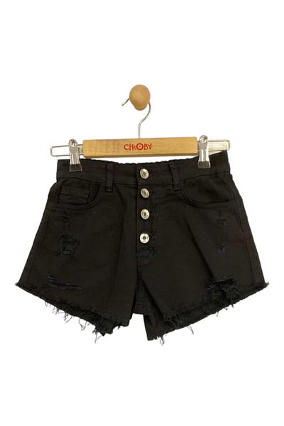 Çikoby Girl's Black and White Denim Linen Shorts - Button Closure and Multi Pockets