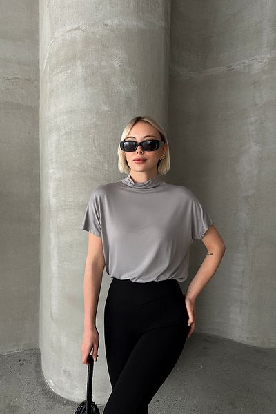 LACHT Women's Gray Loose Stand Collar Short Sleeve Blouse