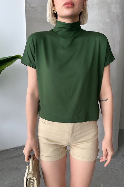 LACHT Γυναικεία Χακί Μπλούζα με κοντό μανίκι με γιακά