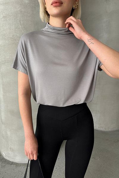 LACHT Women's Gray Loose Stand Collar Short Sleeve Blouse