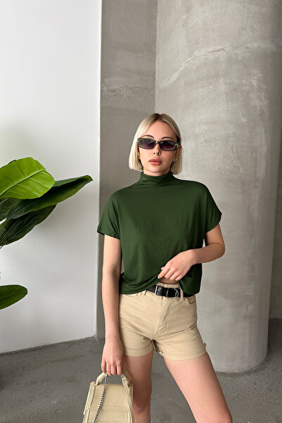 LACHT Γυναικεία Χακί Μπλούζα με κοντό μανίκι με γιακά