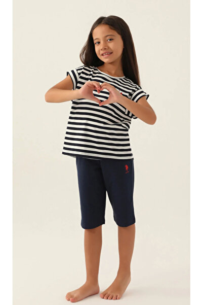 U.S. Polo Assn. Kız Çocuk, Lisanslı, USPA, Lacivert Çizgili, T-shirt Kapri Takım
