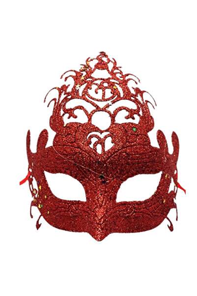 BakBiNeVaR Kırmızı Renk Parti Maskesi - Parlak Kırmızı Simli Balo Maskesi 21x...