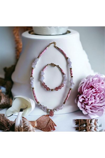 MSTR Art Pink Quartz Necklace and Bracelet Set - Necklace Bracelet
