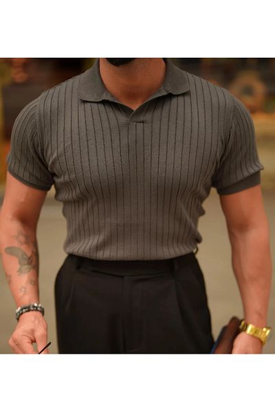 Tarz Cool Ανδρικό πλεκτό μπλουζάκι Polo Neck με ραβδώσεις