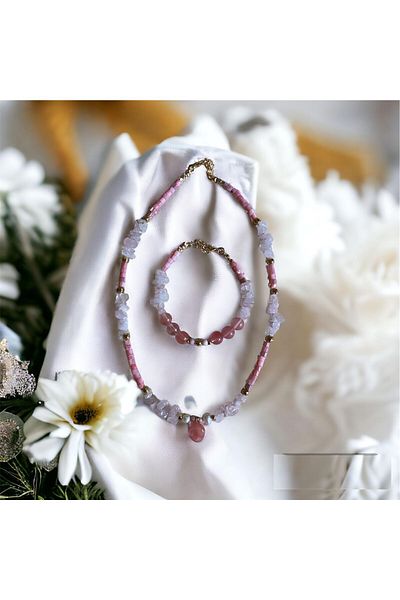 MSTR Art Pink Quartz Necklace and Bracelet Set - Necklace Bracelet