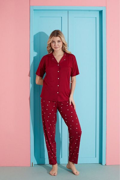 MEBA Set pijama roșu Claret cu mânecă scurtă din bambus - Buton în față /41
