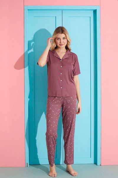 MEBA Dark Powder Bamboo Short Sleeve Women's Pajamas Set - Front Buttoned /34