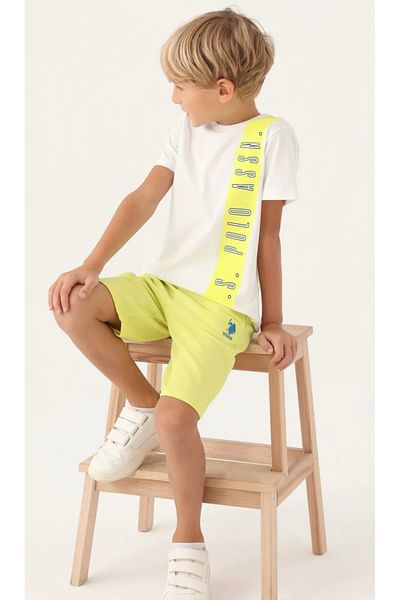 U.S. Polo Assn. Băiat, Licențiat, USPA, Stil Verde Neon, Crem, Set Bermude Tricou