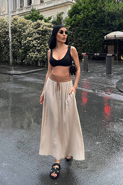 Ortaya Çık Бежева двоколірна спідниця з лляної тканини