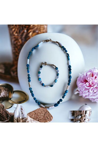 MSTR Art Amorphous Apatite Pearl Necklace Bracelet Set-Amorphous Apatite and Mother of Pearl Necklaces Bracelet Set
