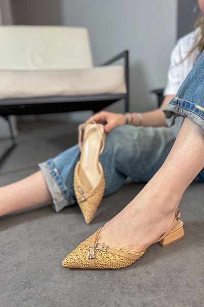 SHOEBELLAS Γυναικείες μπαλαρίνες Beige Miay Wicker - Λεπτομέρεια με δύο ζώνες