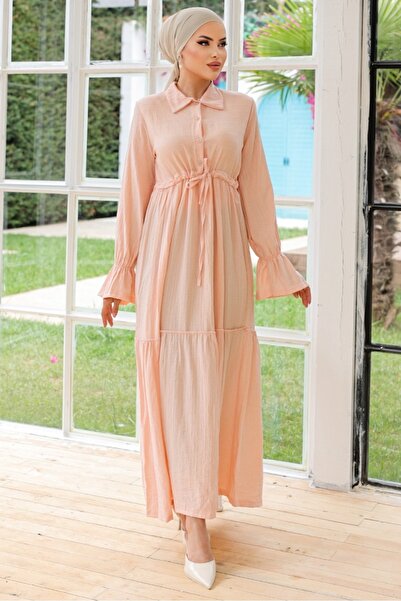 Bestenur Φόρεμα σε σκόνη με γιακά πουκάμισο Elisa 899 Model