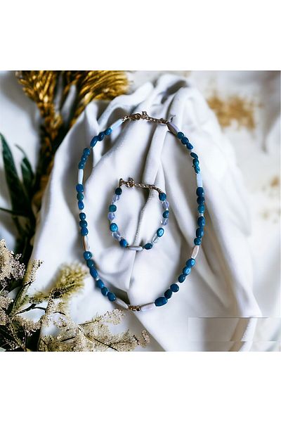 MSTR Art Amorphous Apatite Pearl Necklace Bracelet Set-Amorphous Apatite and Mother of Pearl Necklaces Bracelet Set