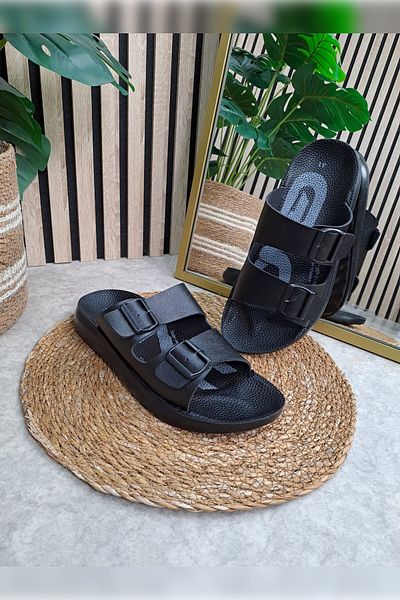 İmerShoes Casual Men's Black Slippers Adjustable Buckle Patterned Anatomical Sole Soft Comfortable Sandals 066