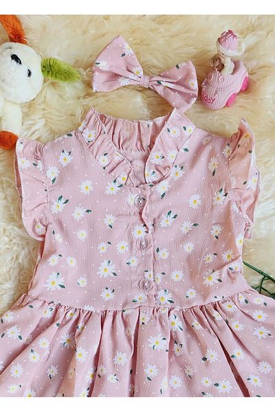 minikiss Rochie pentru fetiță, cu imprimeu cu flori, cu nasturi, cu volane, cu cataramă cu fundă