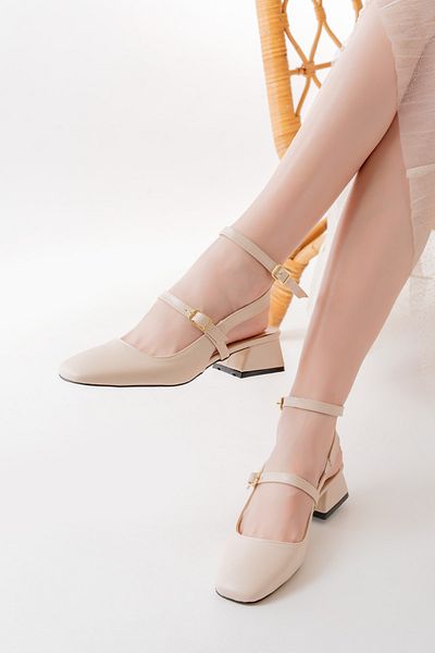 MELİKMERT Short 3cm Block Heels - Square Toe Helmet Shoes, Ankle Belt Ballerinas