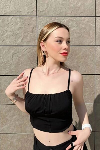 Le Savu BLUZ CROP cu bretele SHILSEE NEGRE