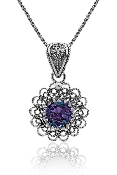 Erdobia Haziran Mistik Topaz Doğum Taşı Çiçek Motifli Telkari Gümüş Kolye