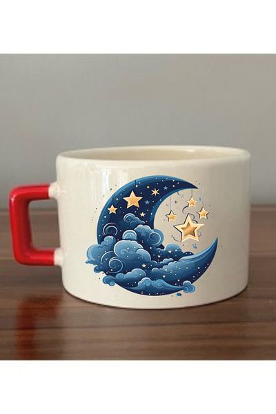 lili hediyelik Blue Moon and Yellow Star Printed Cup Mug Cup - Ceramic Tea, Coffee Gift Cup