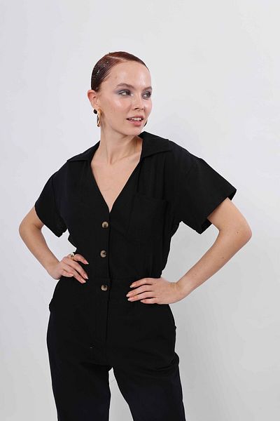 ubmbutik Salopeta damă - cu nasturi - Talie elastică - mânecă scurta - Guler cămașă - Cu buzunar - Salopeta potrivita - Negru